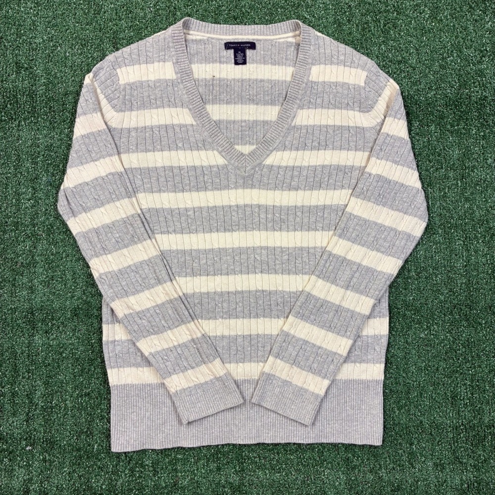 Vintage Tommy Hilfiger V-Neck Cable Knit Striped Sweater Grey‎ White XL